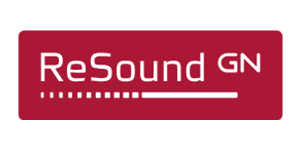 Logo for ReSound GN: White text on a red rectangle. The text reads
