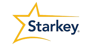 Logo for Starkey hearing aids featuring a gold star and the word