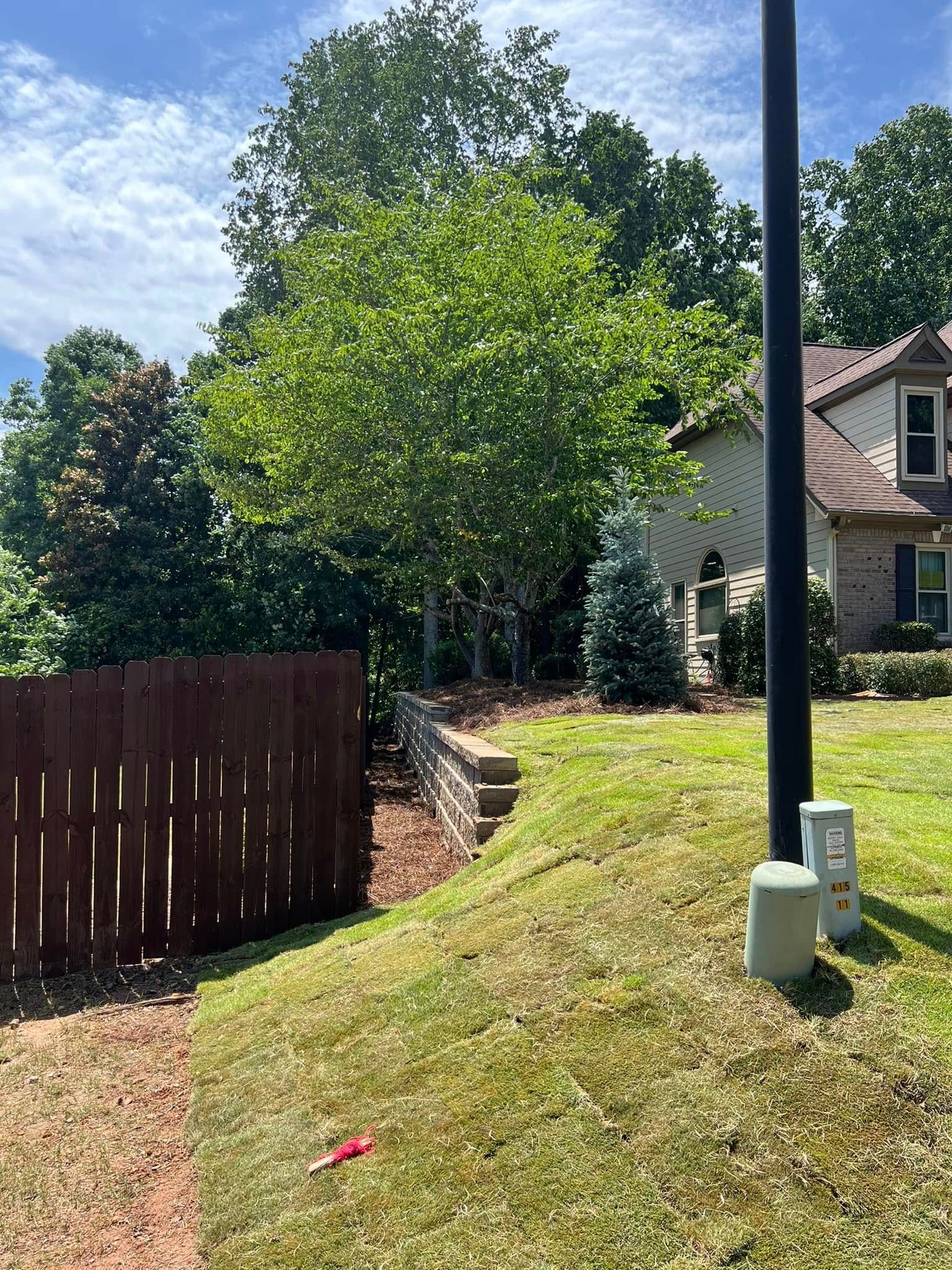 Suburban backyard with grassy slope, wooden fence, steps, trees, house, and utility pole under a blue sky