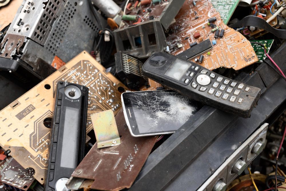 A pile of electronic waste, including a cell phone and a remote control.