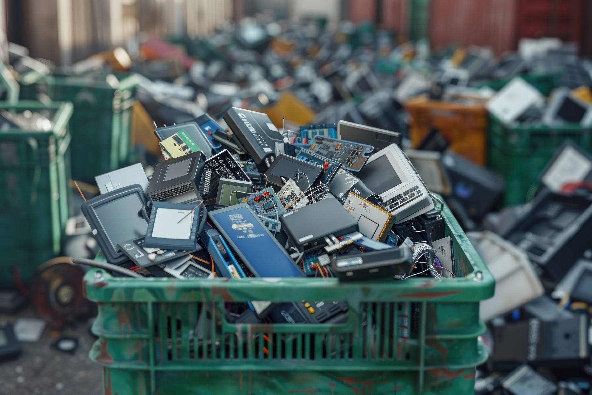 e-waste in green crates for e waste California concept