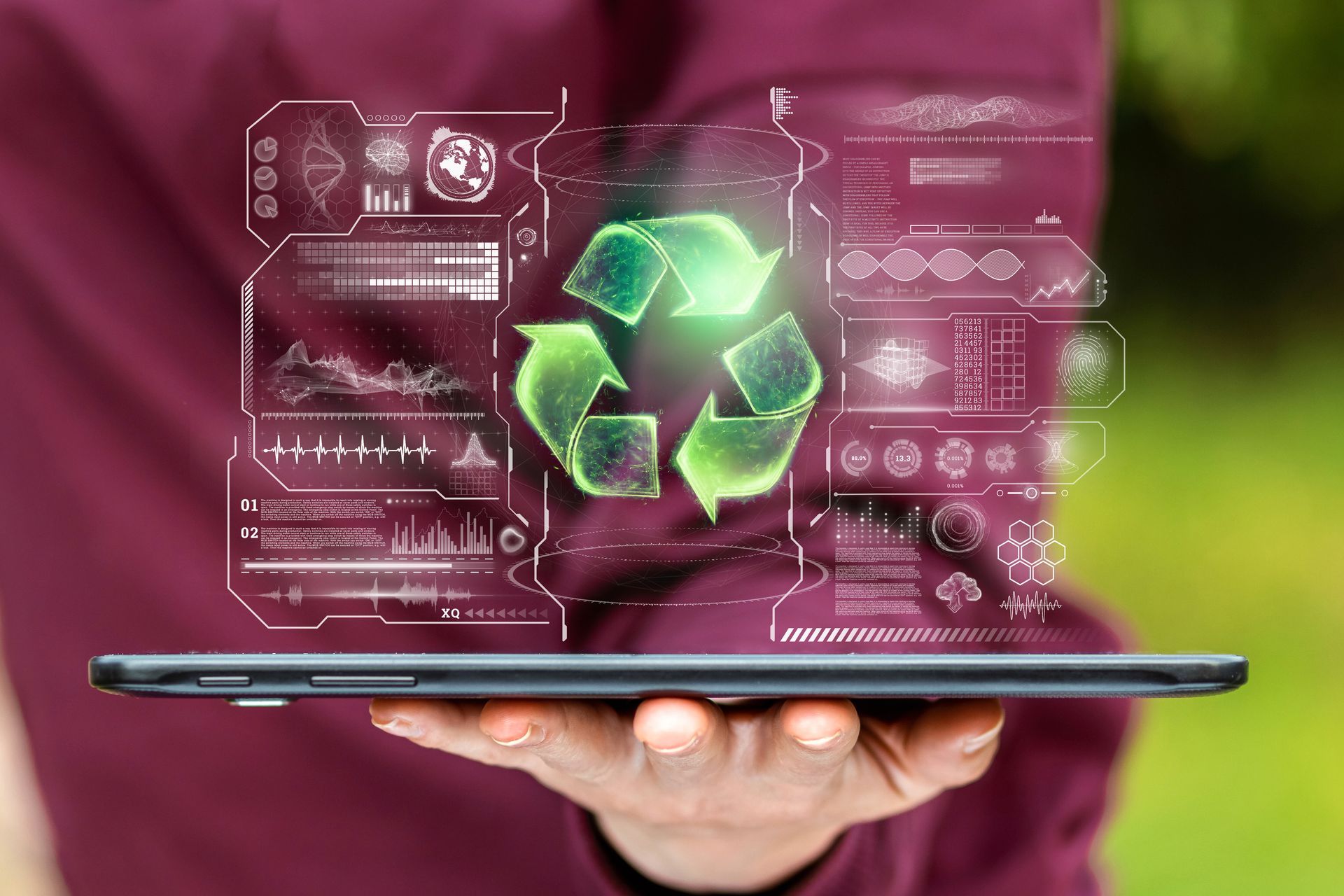 hologram from a tablet showing a green San Jose recycling icon and technology data
