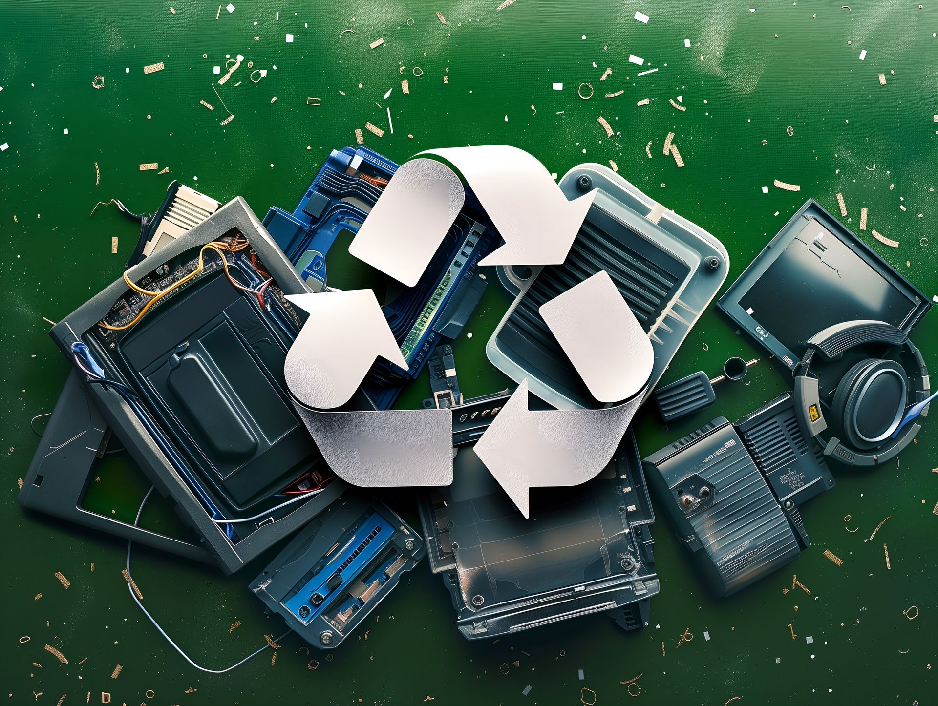old electronic with a white recycle logo in the center for it asset recycling concept