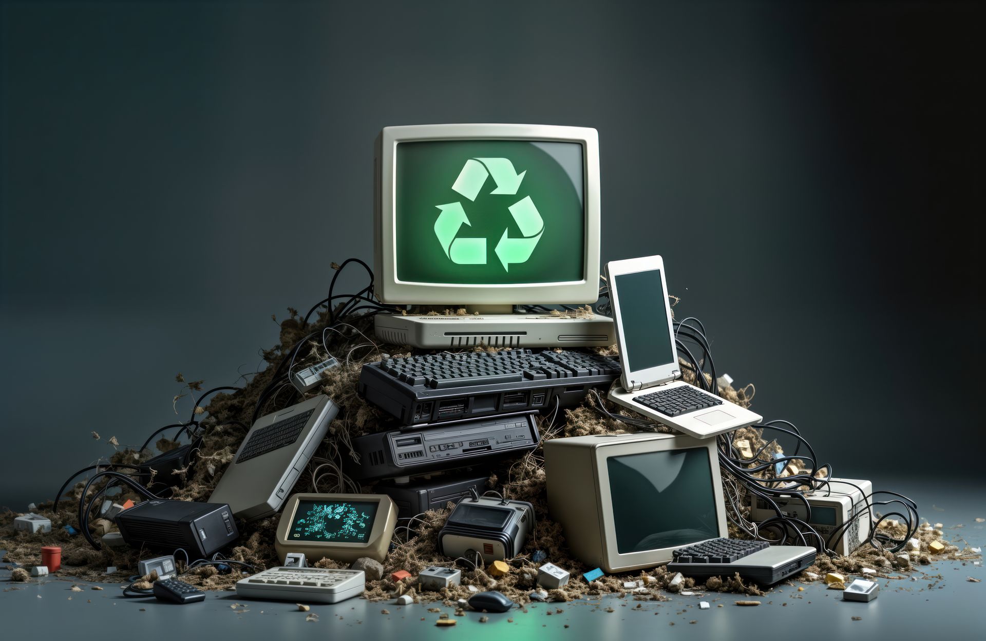 pile of old computers with one at the top showing it recycling solutions logo