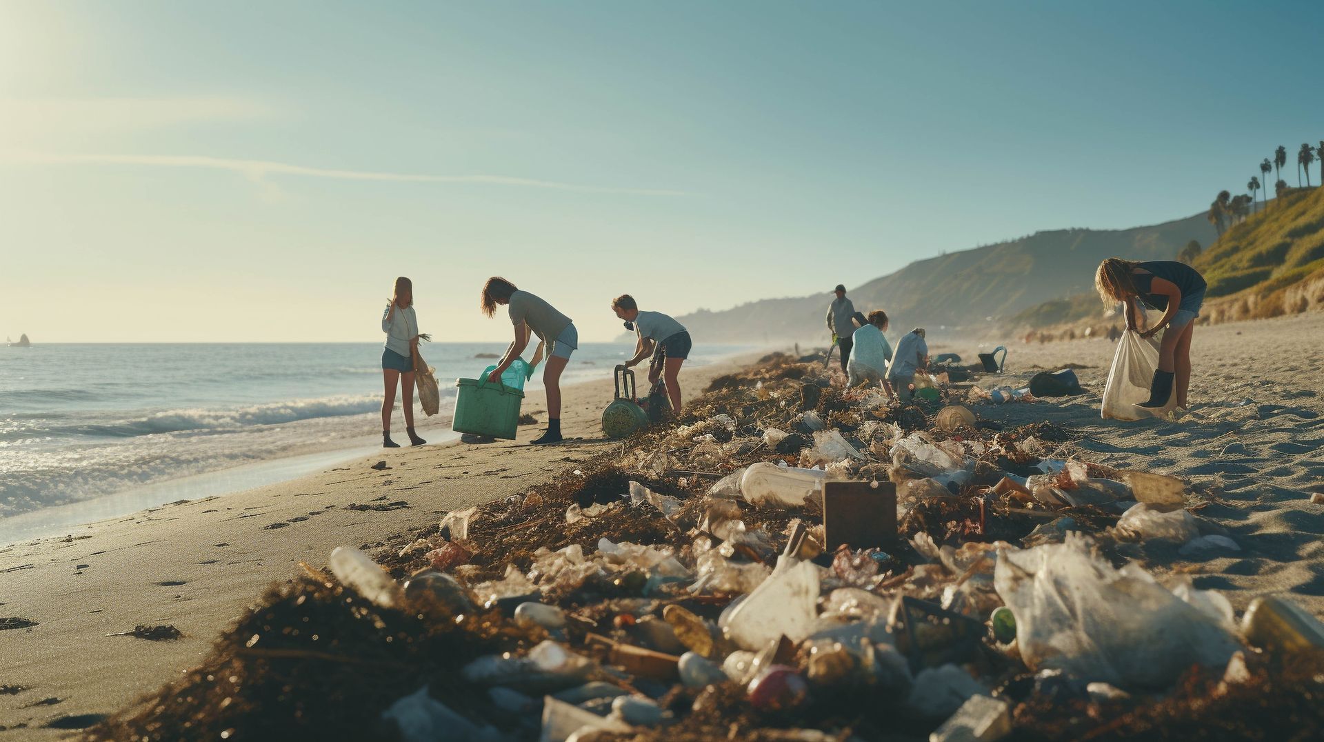 people collecting trash on the beach for e-waste recycling san jose concept