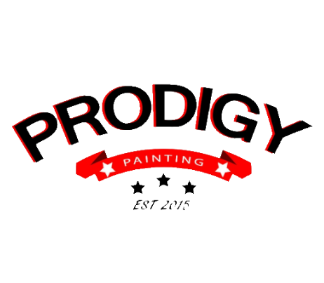 Logo for Prodigy Painting, arched black letters with red shadow, red banner with stars,