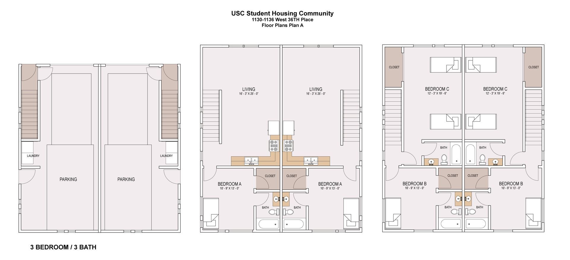 A set of three floor plans for a building