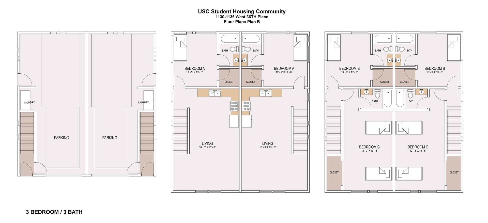 A set of three floor plans for a house