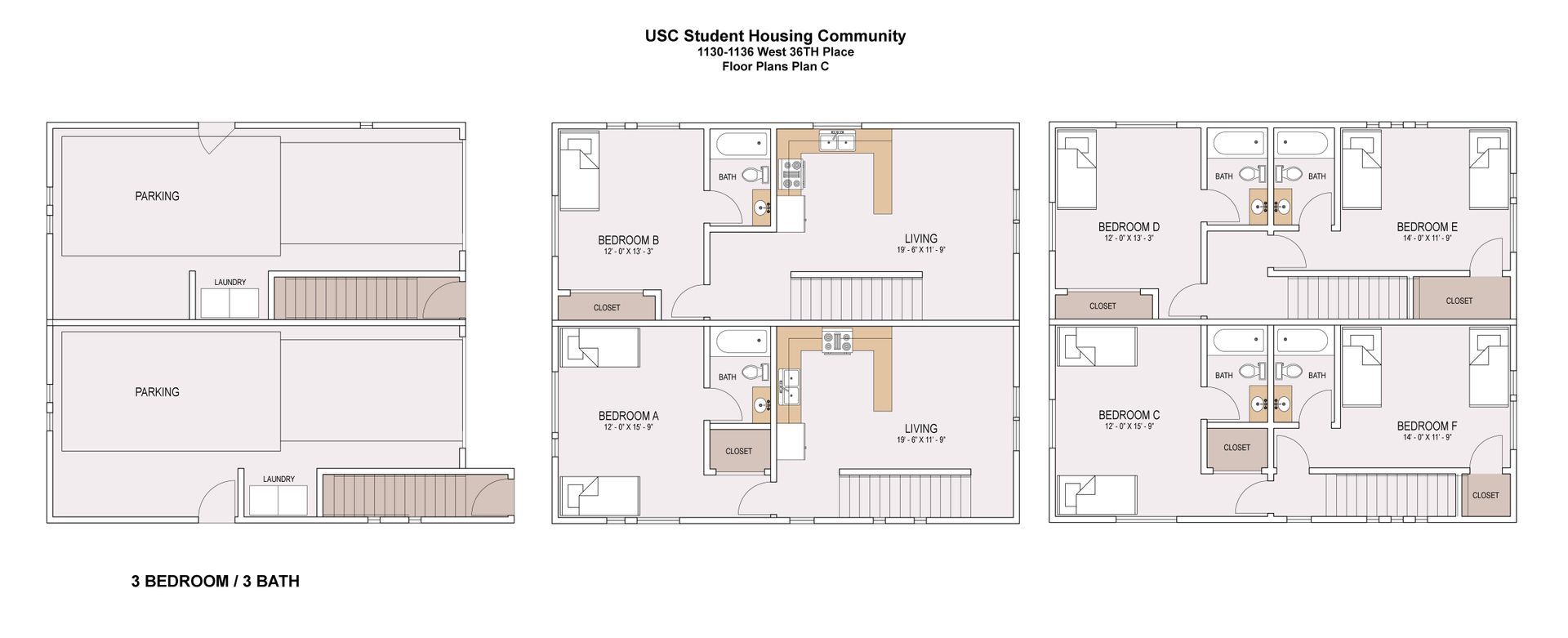 A set of three floor plans for a house.