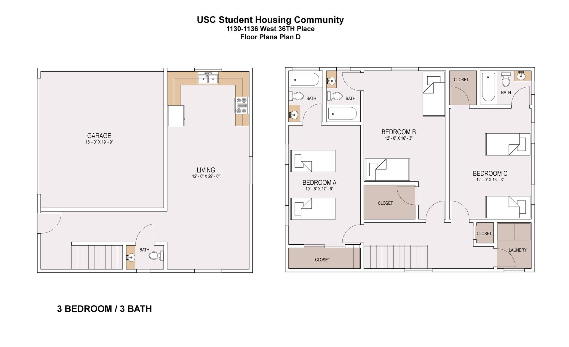 A floor plan of a house with two bedrooms and a bathroom.