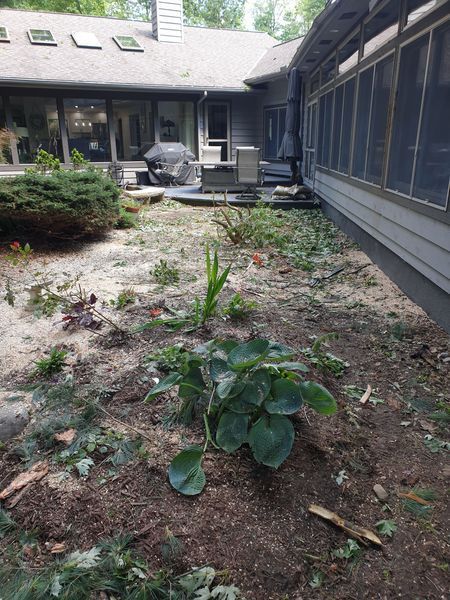 A house with a screened in porch and a garden in front of it.