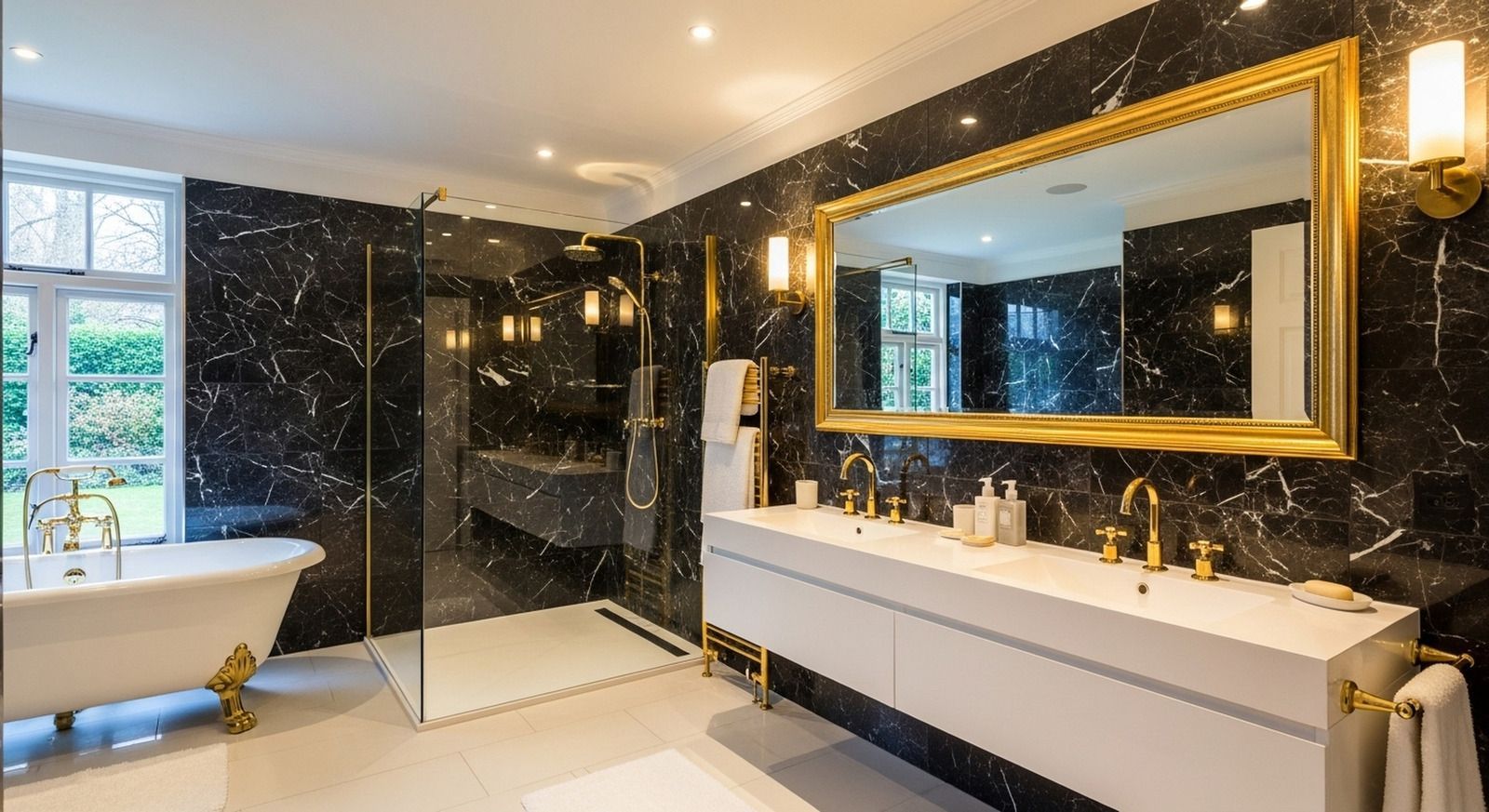 Luxurious bathroom with black marble walls, gold accents, and a white double vanity.