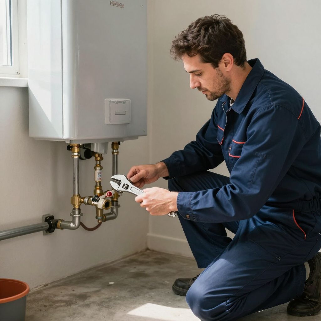 Plumber in blue overalls kneeling, working on pipes below a water heater in a white room.