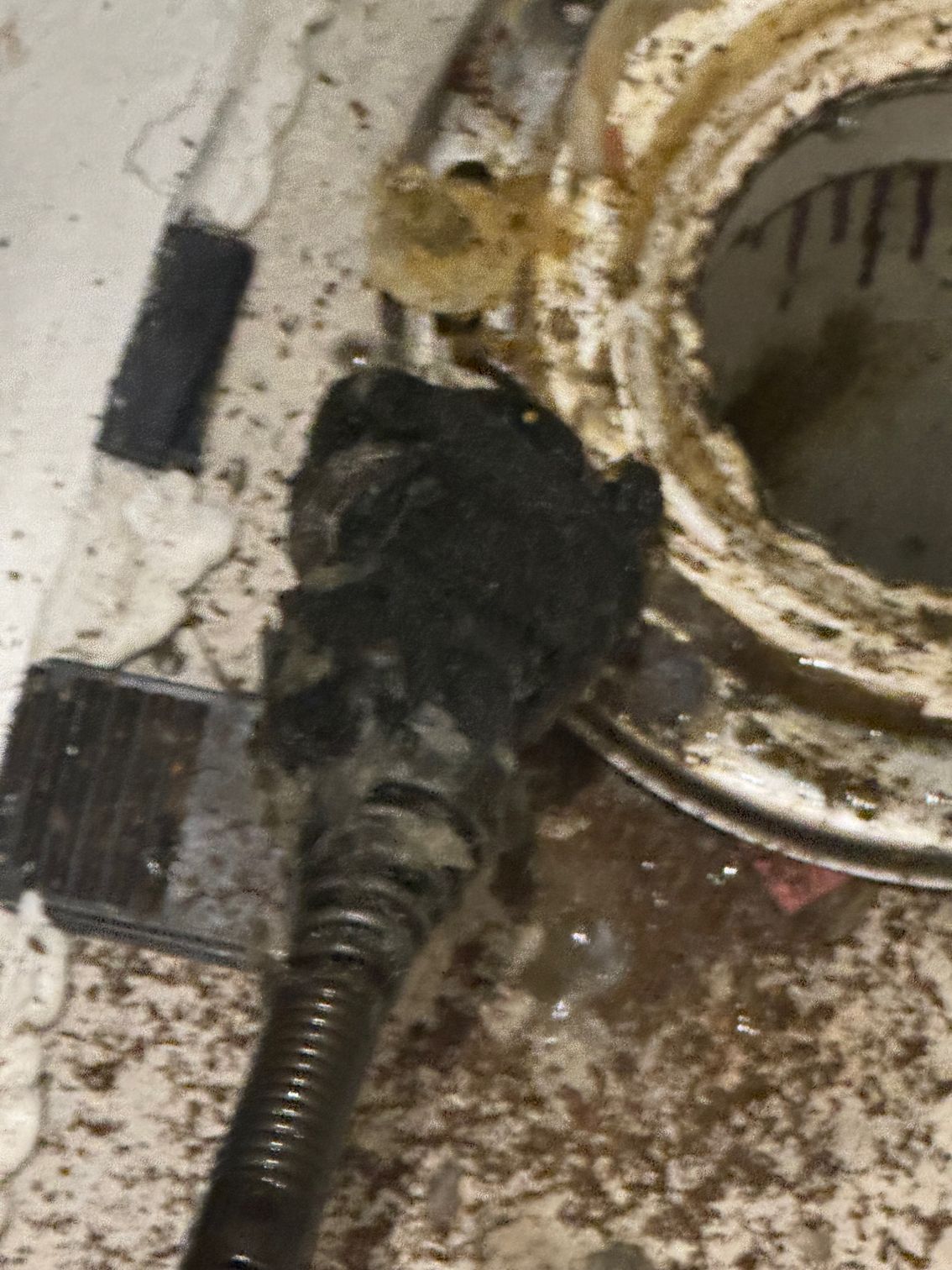 A clogged toilet drain being snaked; black debris surrounds the snake tool, near a white toilet base.