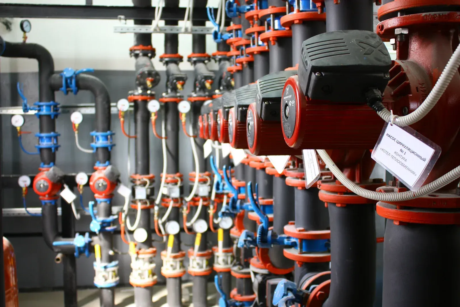 Industrial piping system with red pumps and blue valves.