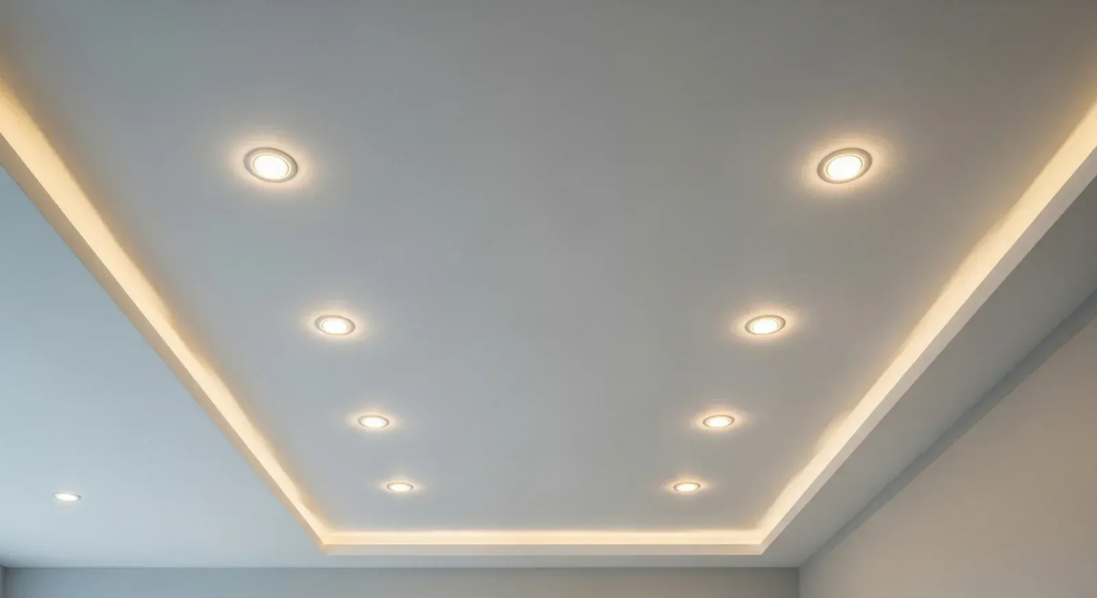 White ceiling with recessed spotlights and perimeter strip lighting.