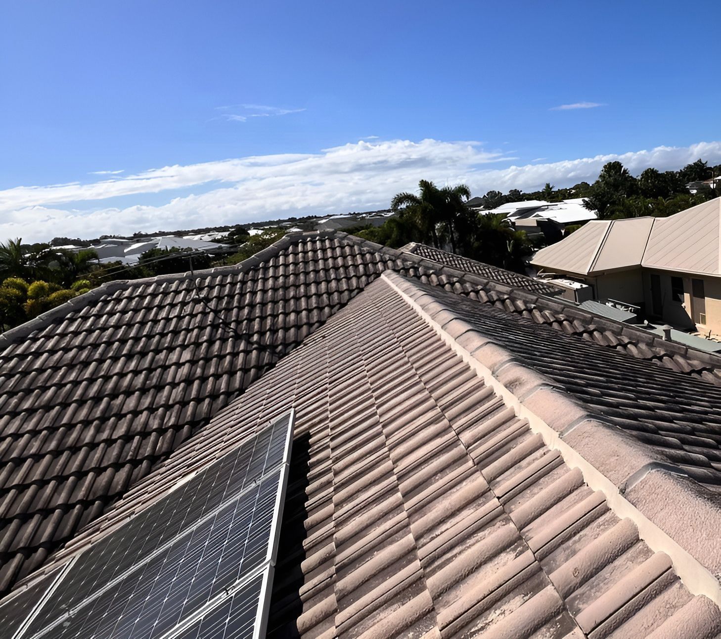 A Roof with a Row of Solar Panels on It — Boss Roof Tiling and Restoration in Caboolture, QLD