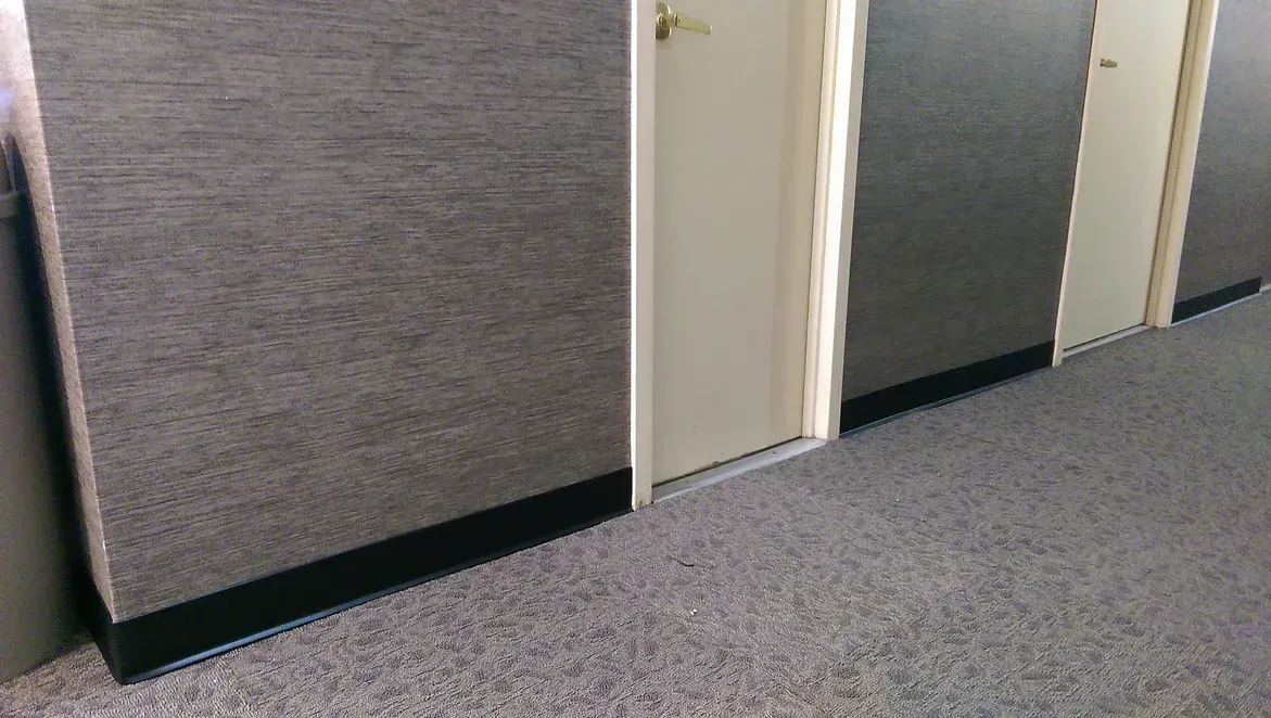 A hallway with a carpeted floor and a row of doors.