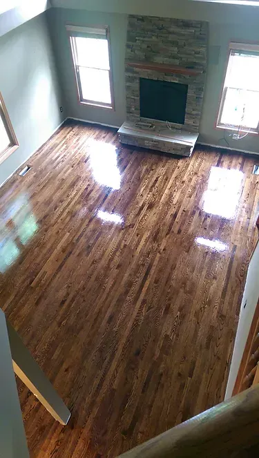 An aerial view of a living room with hardwood floors and a fireplace.