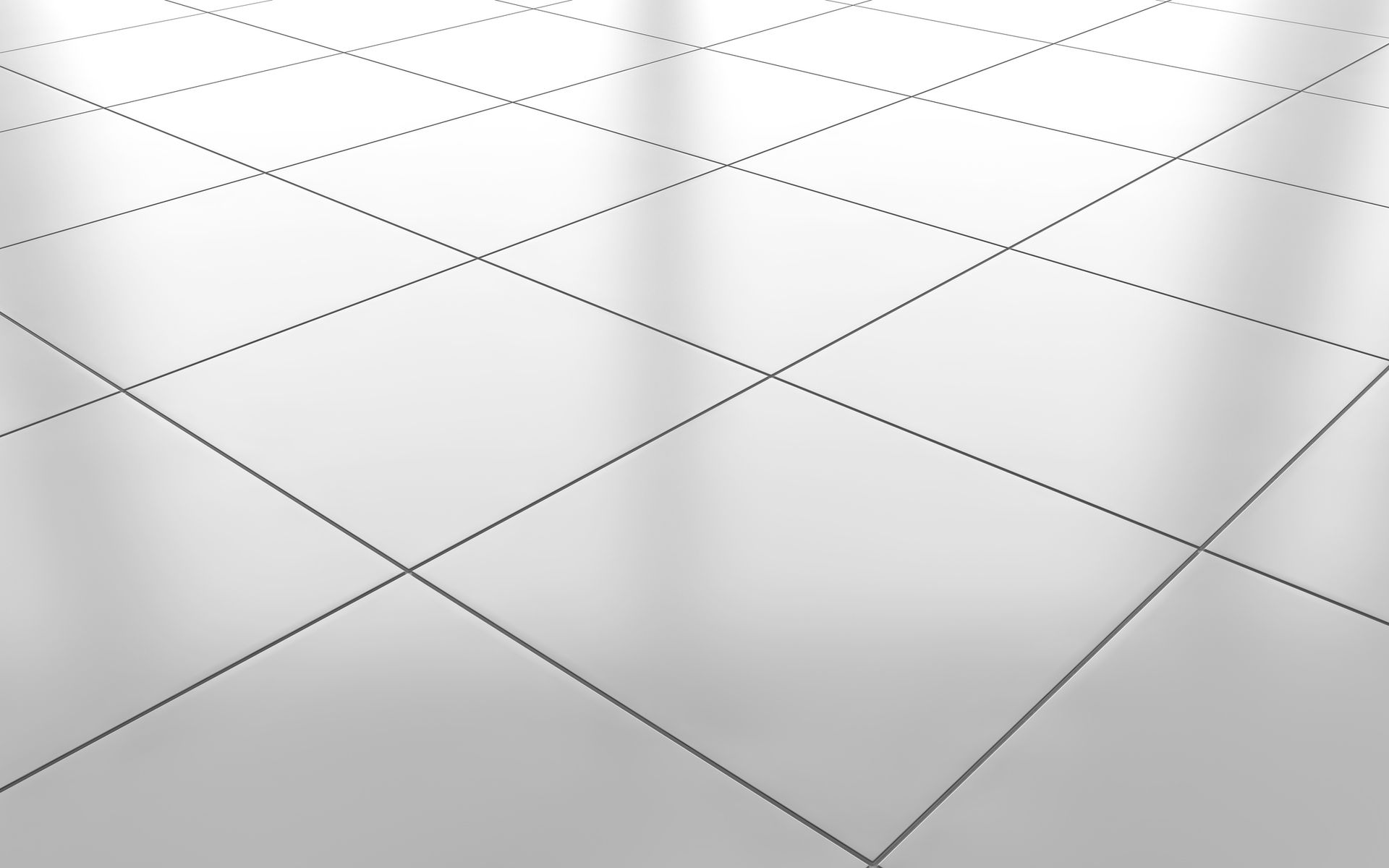 A white tile floor with a grid of squares on it.