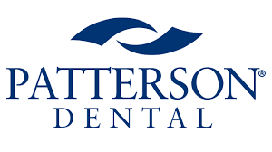 The logo for patterson dental has a blue swirl on it.