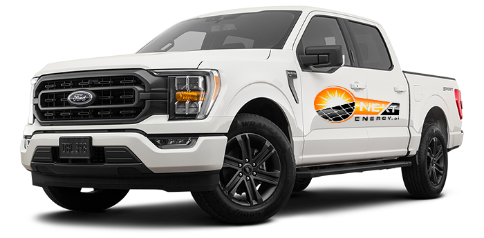 A white ford f150 pickup truck with a logo on the side.