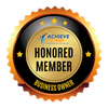 A badge that says achieve systems honored member business owner