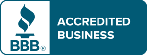 A blue sign that says accredited business on it