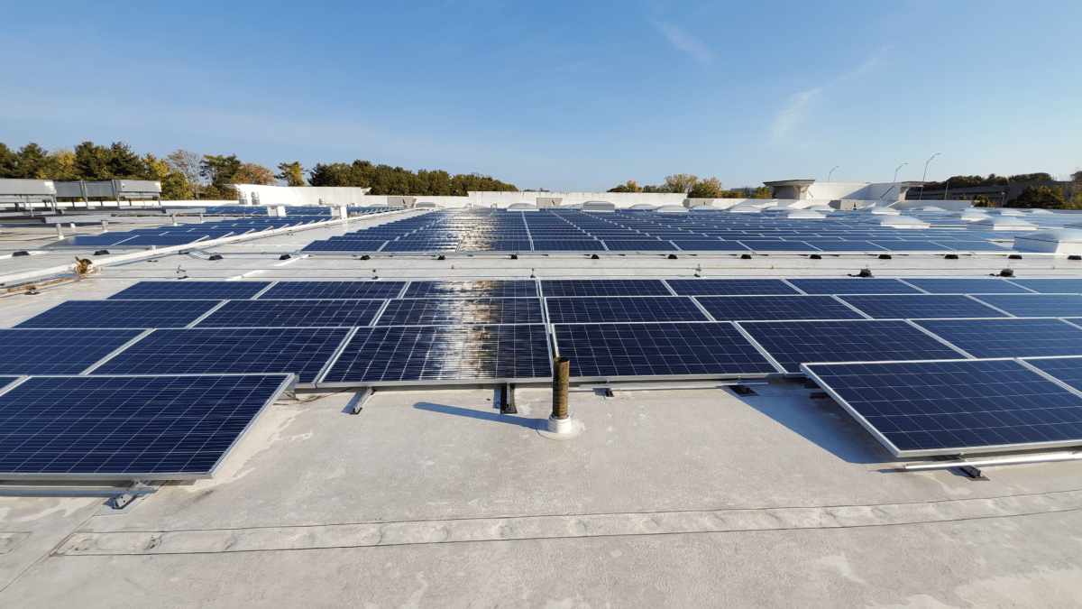 A roof with a lot of solar panels on it Cheyenne Wyoming flat roof solar installation