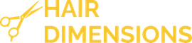 Logo: Gold scissors with "HAIR DIMENSIONS" in gold text.