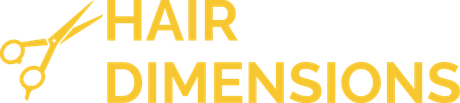 Logo: Gold scissors with "HAIR DIMENSIONS" in gold text.
