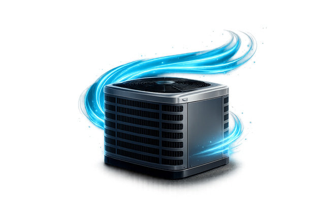 Portable black air cooler with blue airflow swirls on a white background