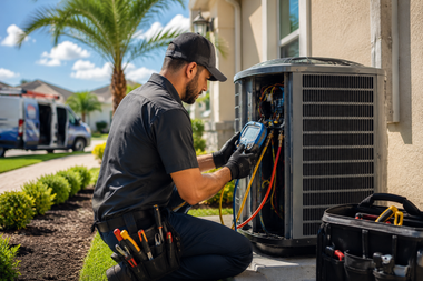Technician kneeling beside outdoor HVAC unit, inspecting wiring with tools on a sunny residential driveway.