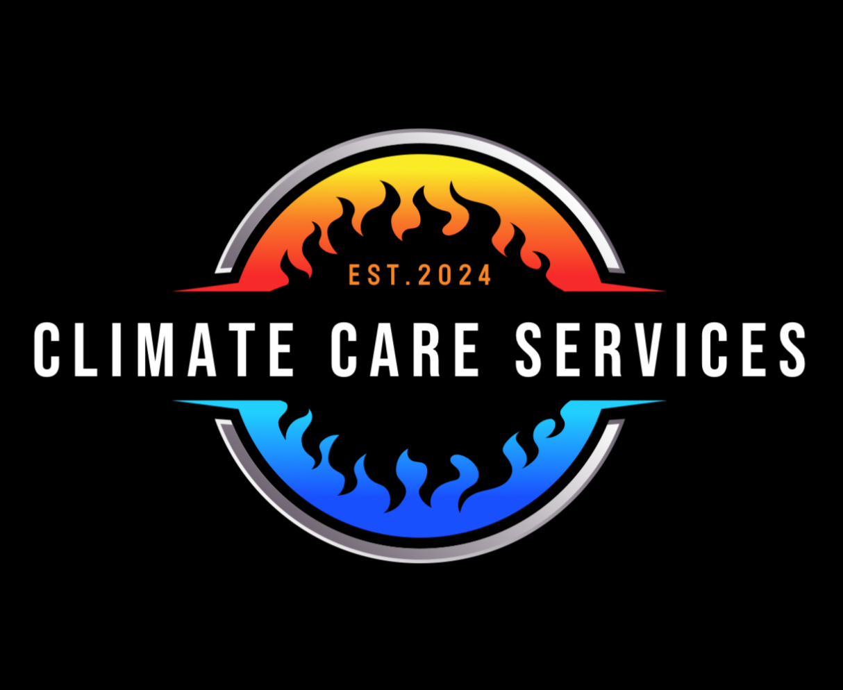 Climate Care Services logo with orange and blue flames in a circular black design