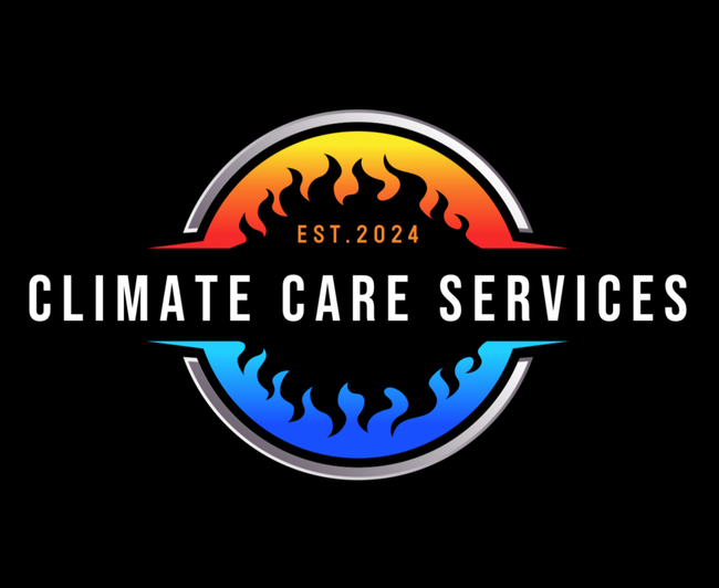 Climate Care Services logo with orange and blue flames in a circular black design