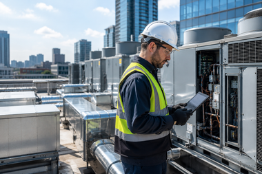 Technician in safety vest and hard hat inspecting rooftop HVAC equipment in a city setting