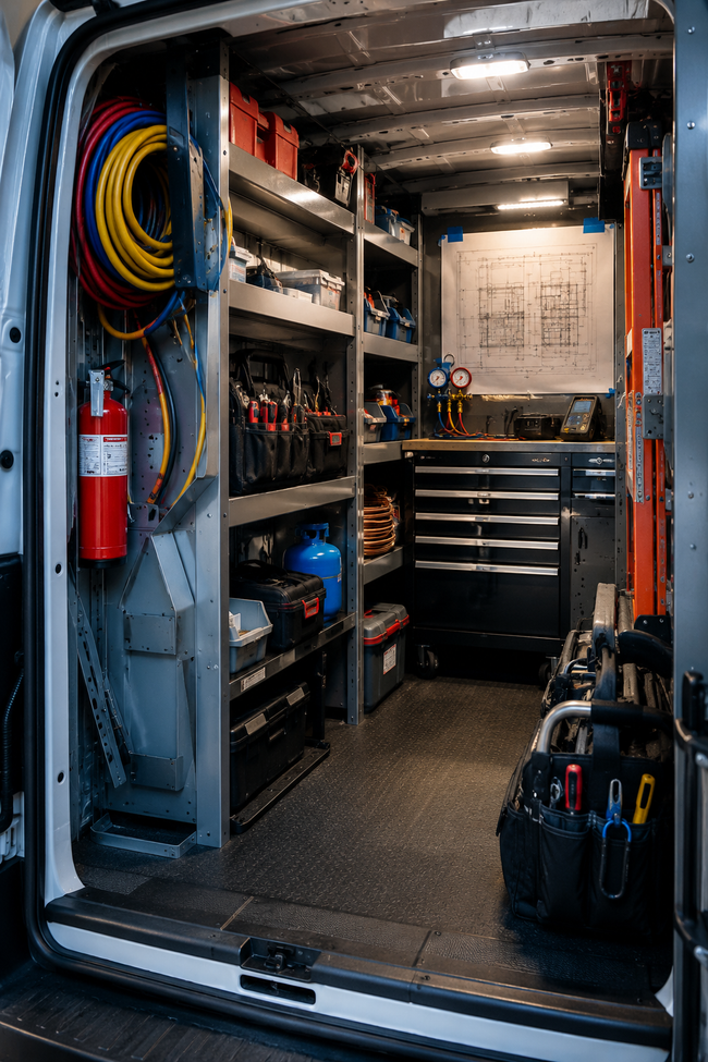 Compact utility van interior with shelves, tools, hoses, and a fire extinguisher organized for work