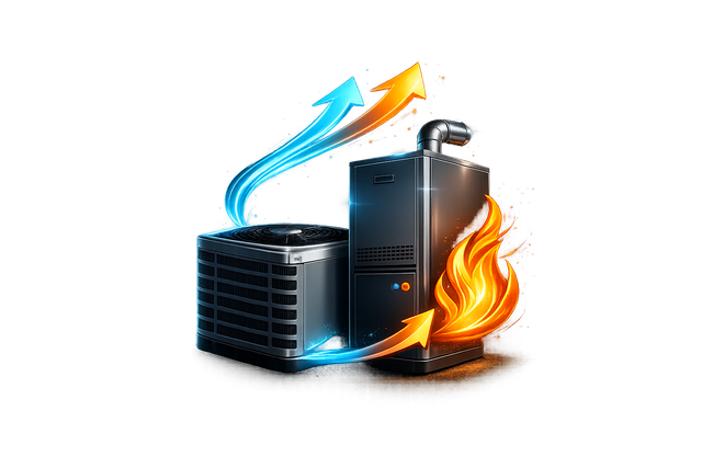 Server towers with blue airflow and orange flames, showing cooling and heat contrast