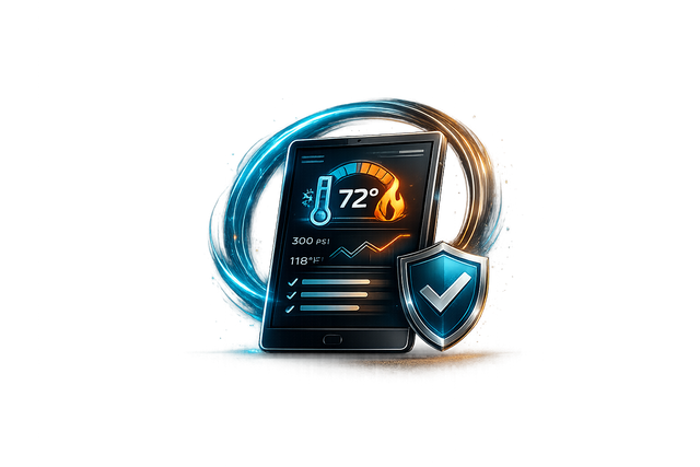 Smart thermostat display showing 72° with a blue shield icon and copper-blue energy rings