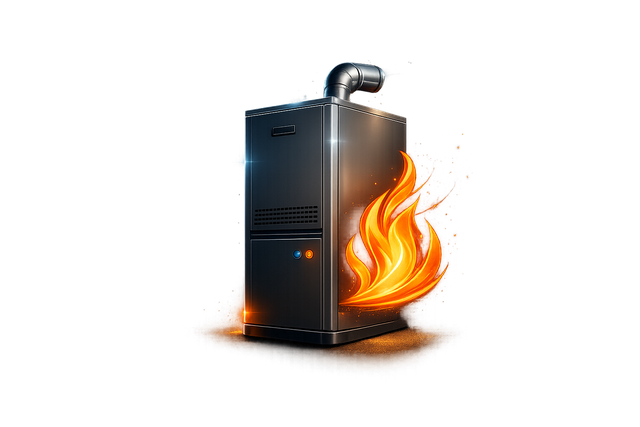 Black metal furnace with flames, emitting bright orange fire on a white background