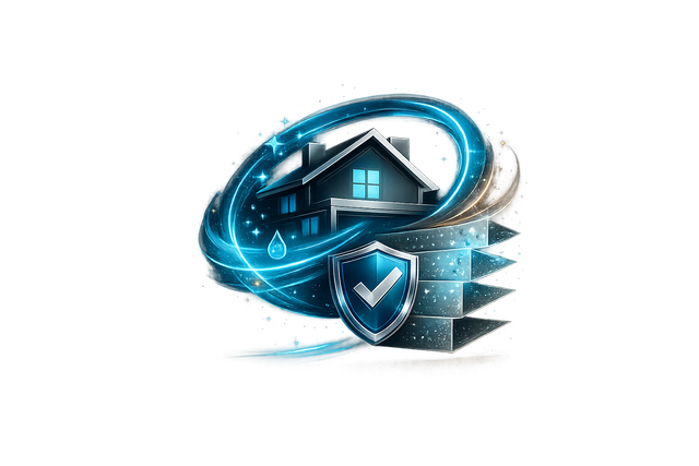 Blue security shield and house icon with swirling digital rings, symbolizing home protection