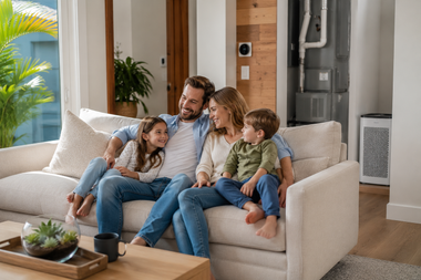 Family sitting together on a beige sofa in a bright living room, smiling and relaxing