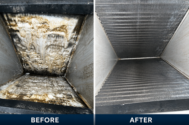 Before-and-after photo of a dirty vent cleaned to a shiny metal interior.