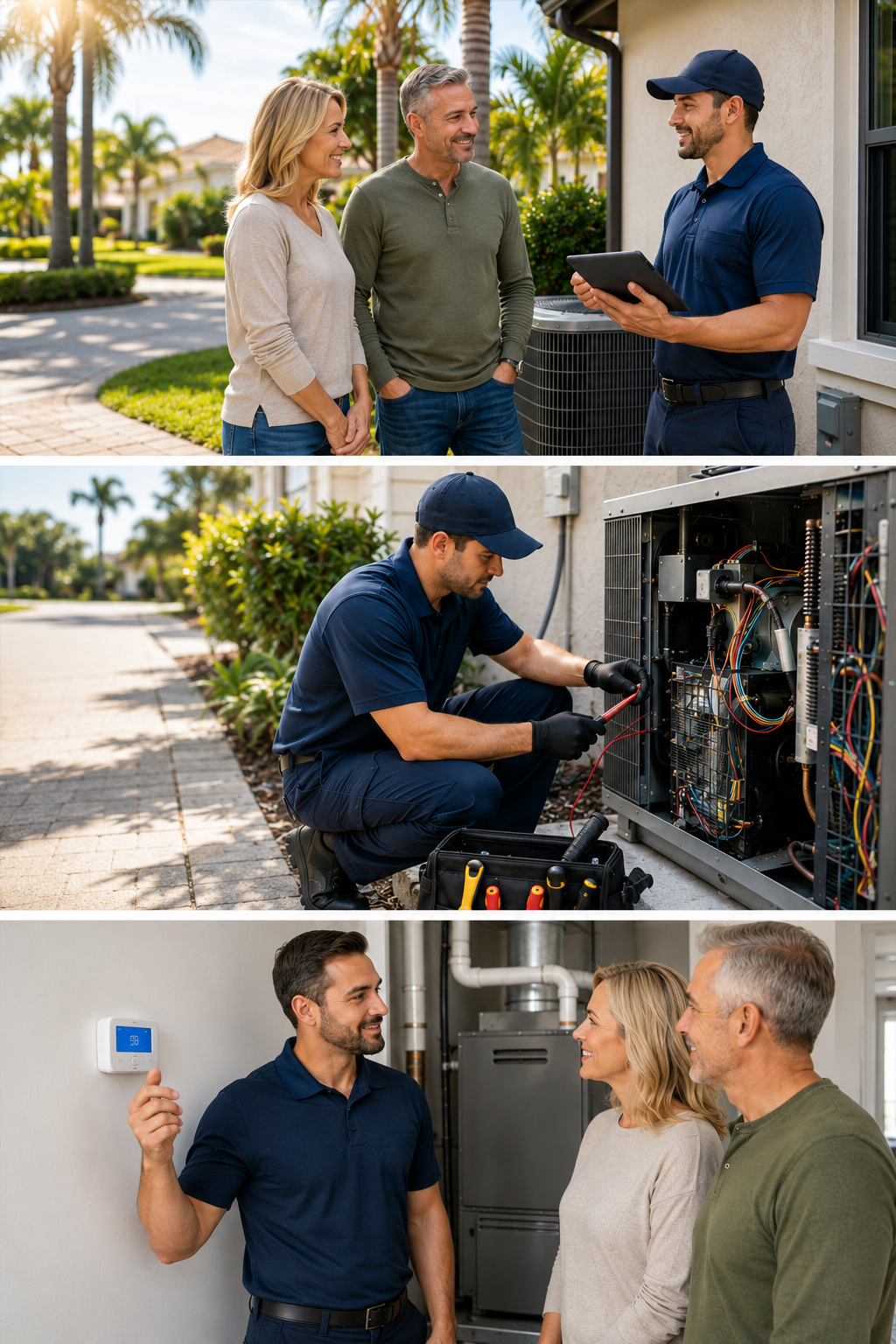 Technician inspecting home HVAC unit with homeowners; adjusting thermostat in a separate shot.