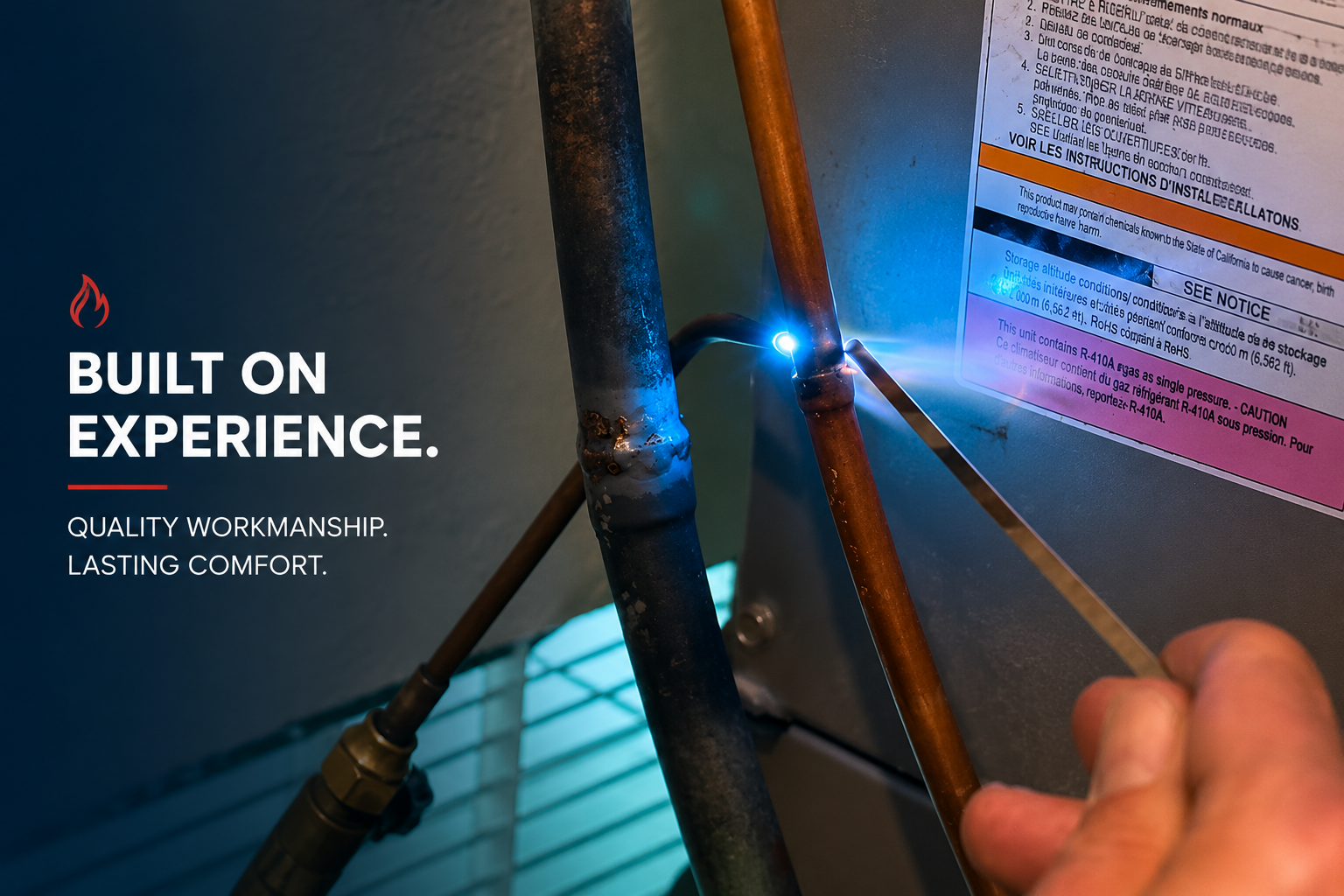 Wire repair with welding sparks beside text reading “Built on Experience.”