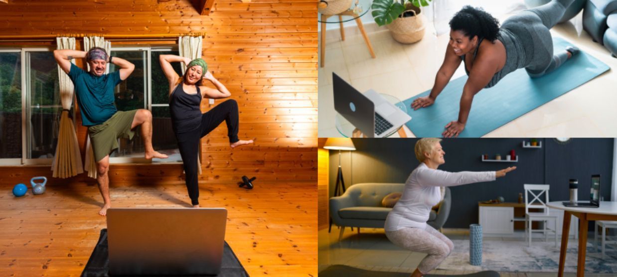 People exercising at home, following online fitness classes. Wooden cabin, yoga mat, and sofa visible.