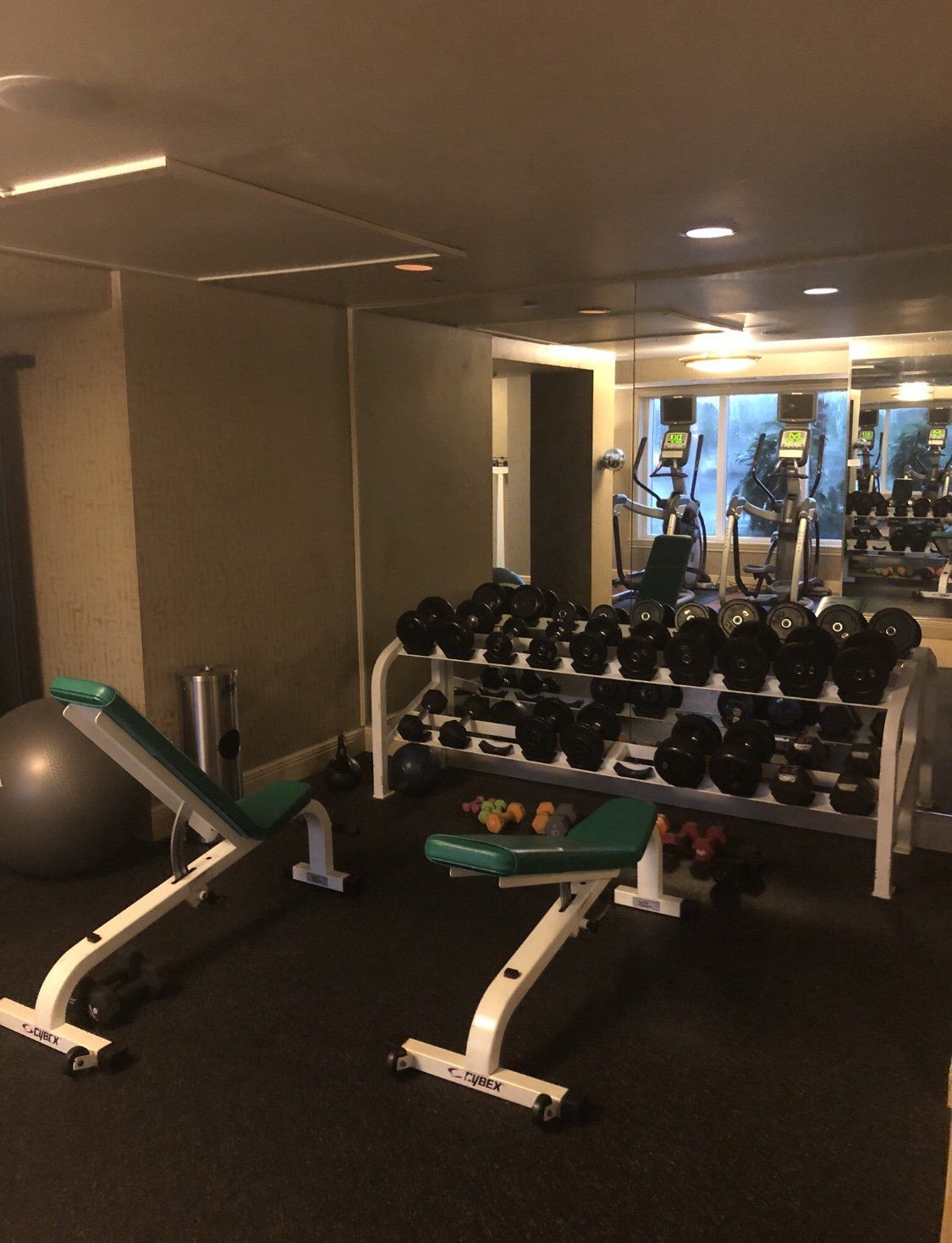 Gym with dumbbells, weight benches, exercise ball, and mirrors. Dark floor, beige walls, and bright lights.