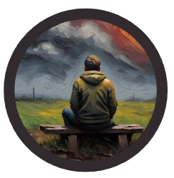 Person sitting on bench, looking at a stormy landscape with green field, gray sky, and a red glow.