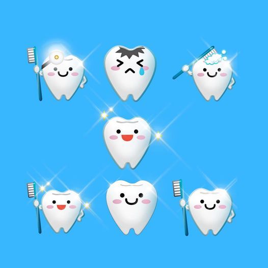 Cartoon teeth with different expressions, holding toothbrushes or being examined; blue background.