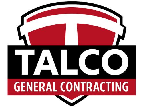 The logo for talco general contracting is a shield with a t on it.